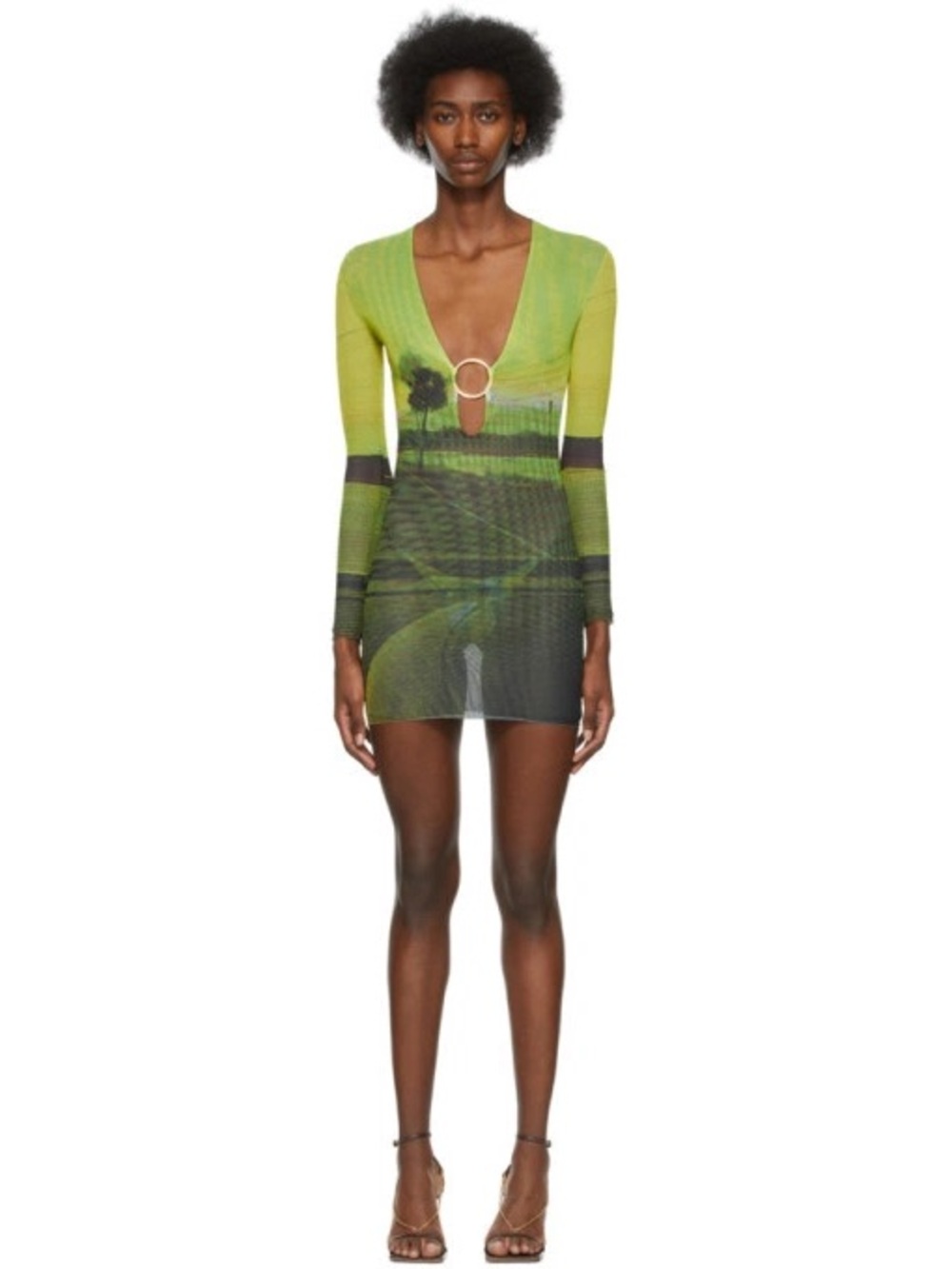 Louisa Ballou Green & Yellow Mesh Print Mini Dress